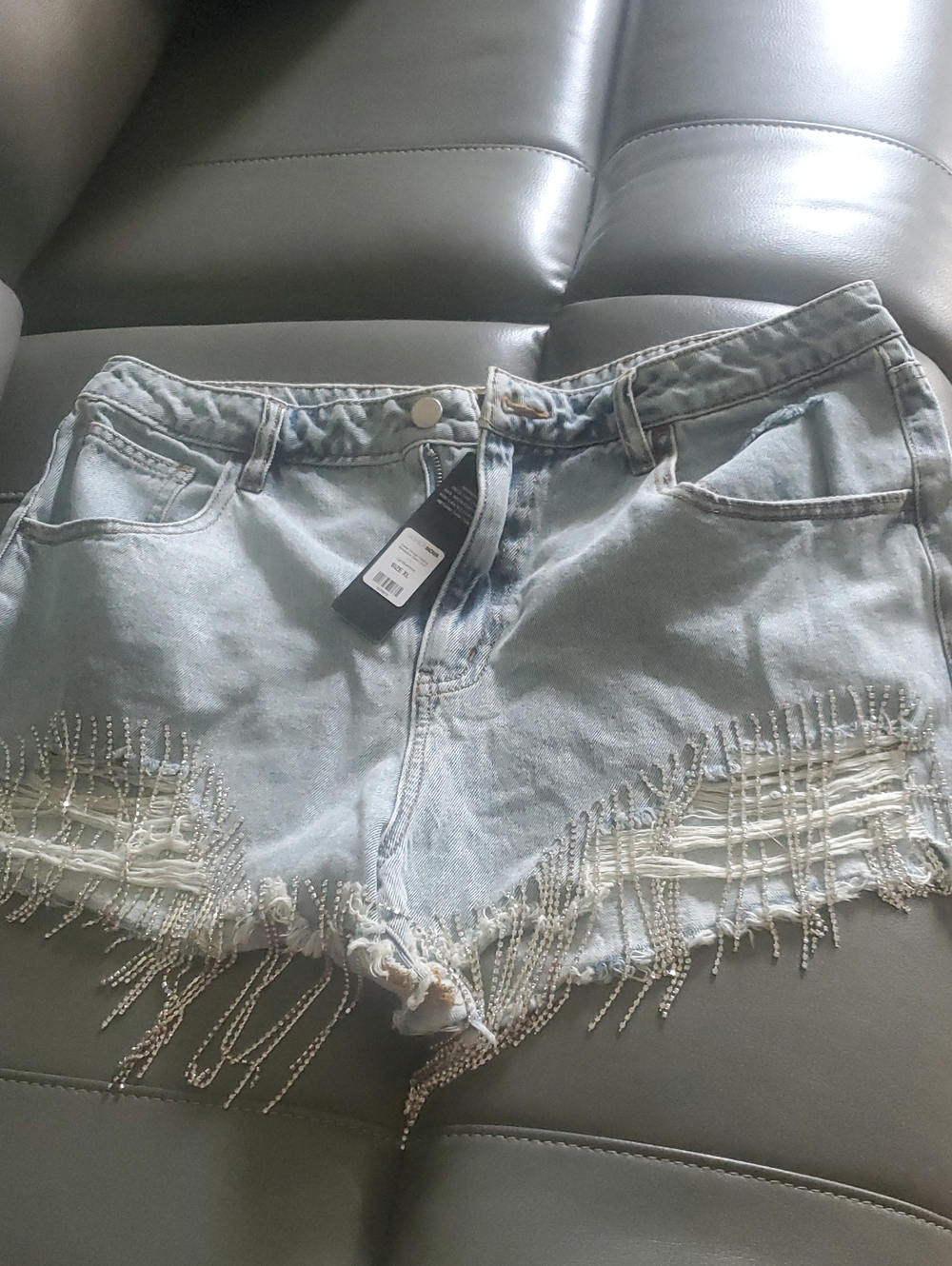 Fashion Nova Light Wash Denim Shorts with Beaded Fringe